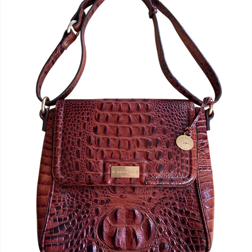 Brahmin Mahogany Croc-Embossed Leather Shoulder Bag